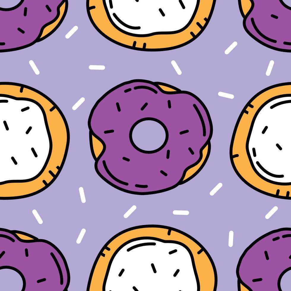 patrón impecable con rosquillas multicolores brillantes, bollos y chispas sobre un fondo violeta. ilustración de fideos de dibujos animados vectoriales para embalaje, papel tapiz. donas moradas y blancas. vector