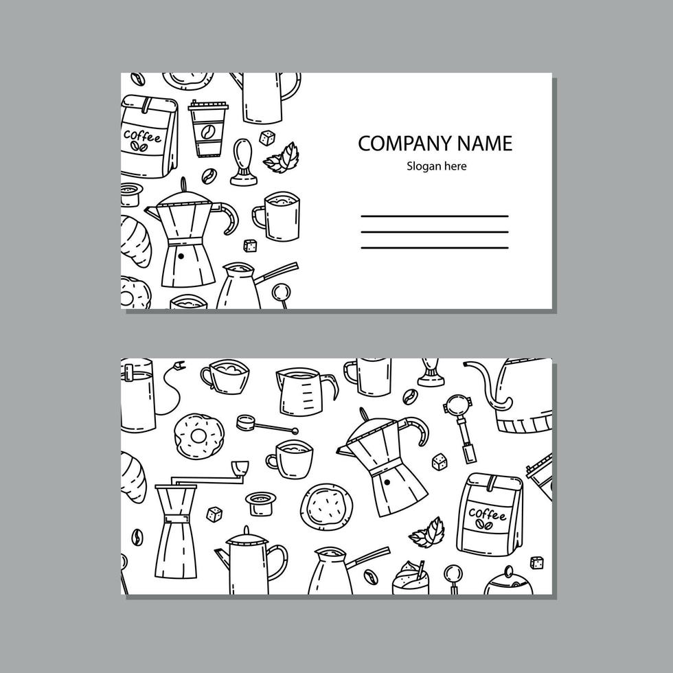 Black and white business card with doodle style coffee items. Vector doodle illustration. Ready-made design for a business card.