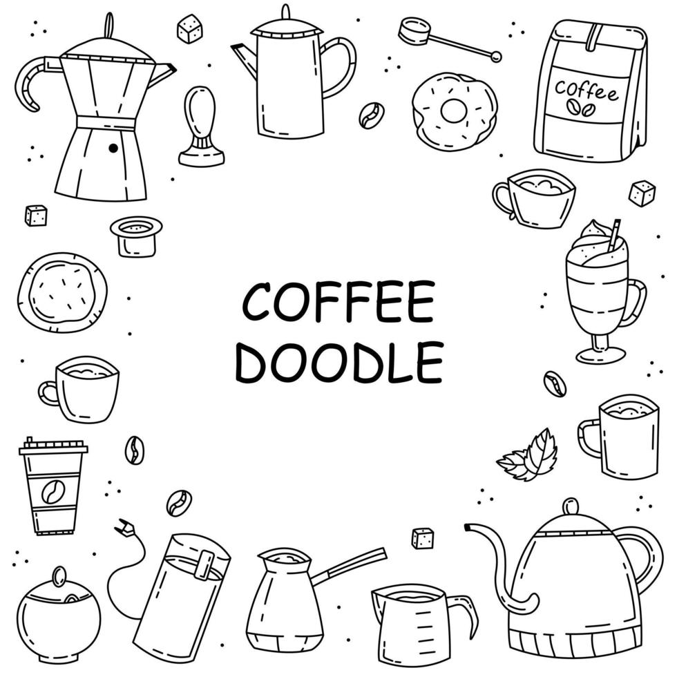 Hand drawn cute doodle set with coffee and coffee accessories. Vector line hand draw illustration for coffee shop.