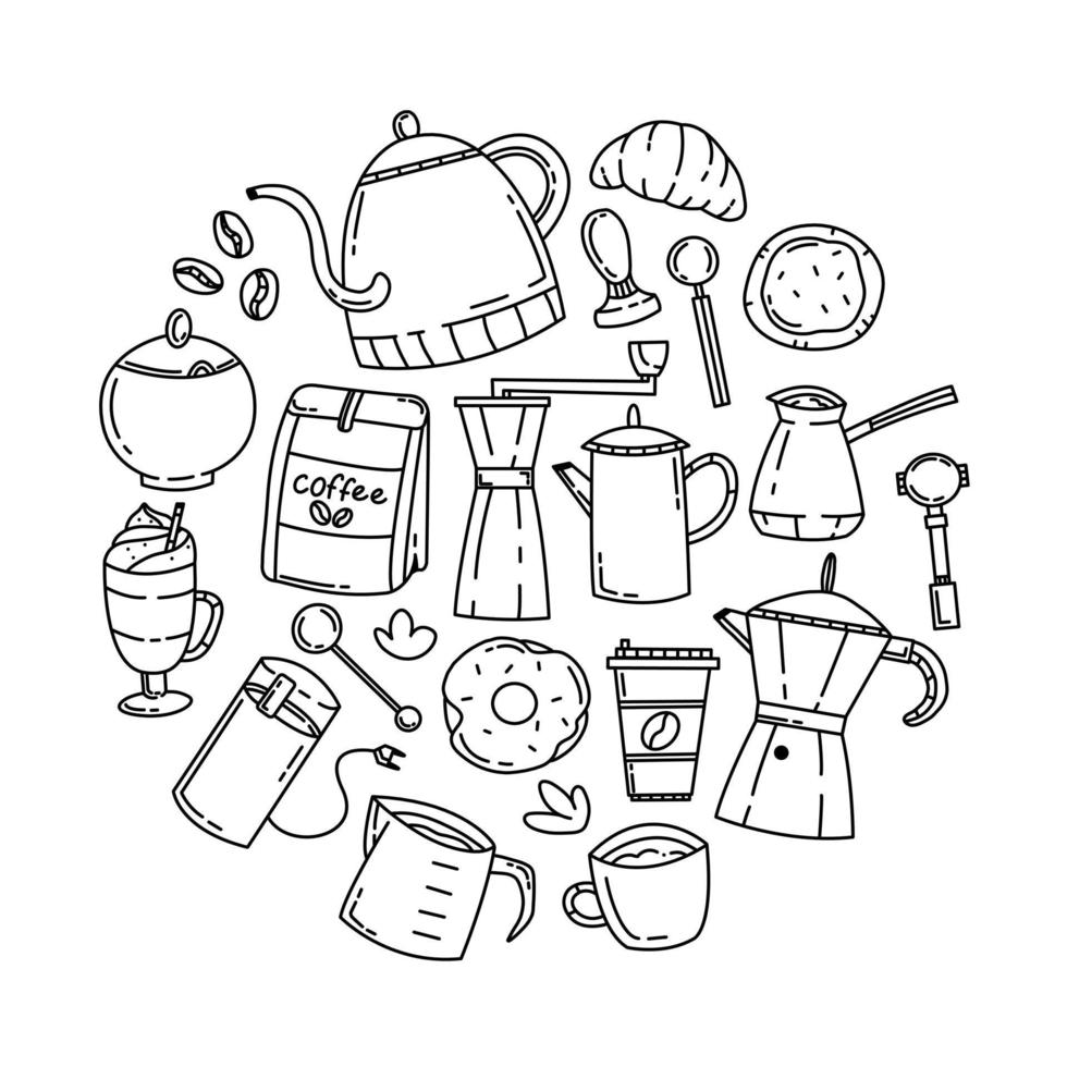 Cute doodle set in the form of a circle with coffee and coffee accessories. Vector line hand draw illustration for coffee shop.