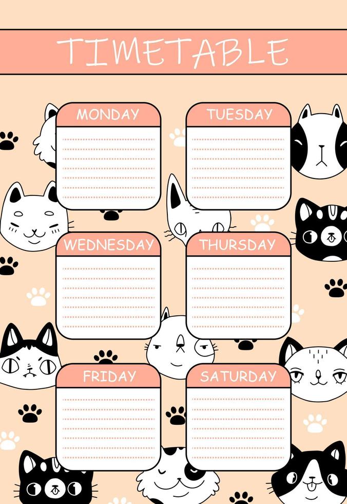 Cute kids timetable with cats and paws in cartoon doodle style. Pink timetable with cute animals. Vector illustration.