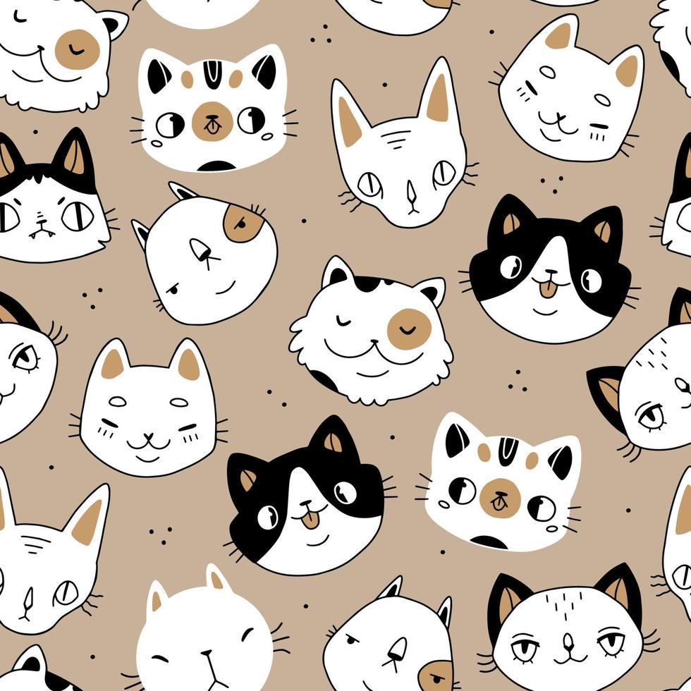 Seamless vector pattern with cute black and white cats in cartoon doodle style on a brown background. Print with cats.