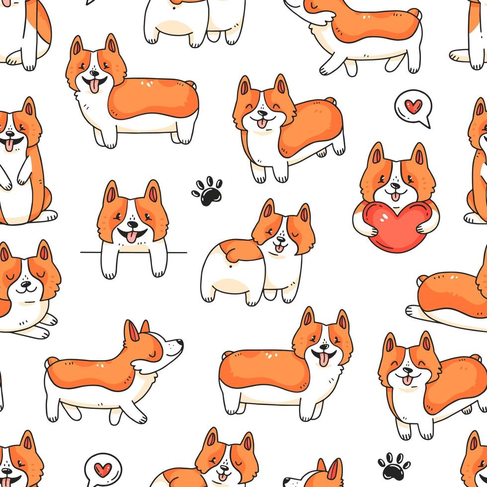 Seamless pattern with cute corgi dogs, paws and hearts in cartoon ...