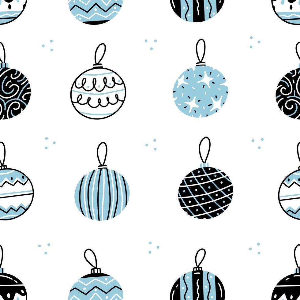 Seamless pattern with blue and white Christmas balls in a cute doodle style on a white background. Vector New Year and Christmas background illustration.