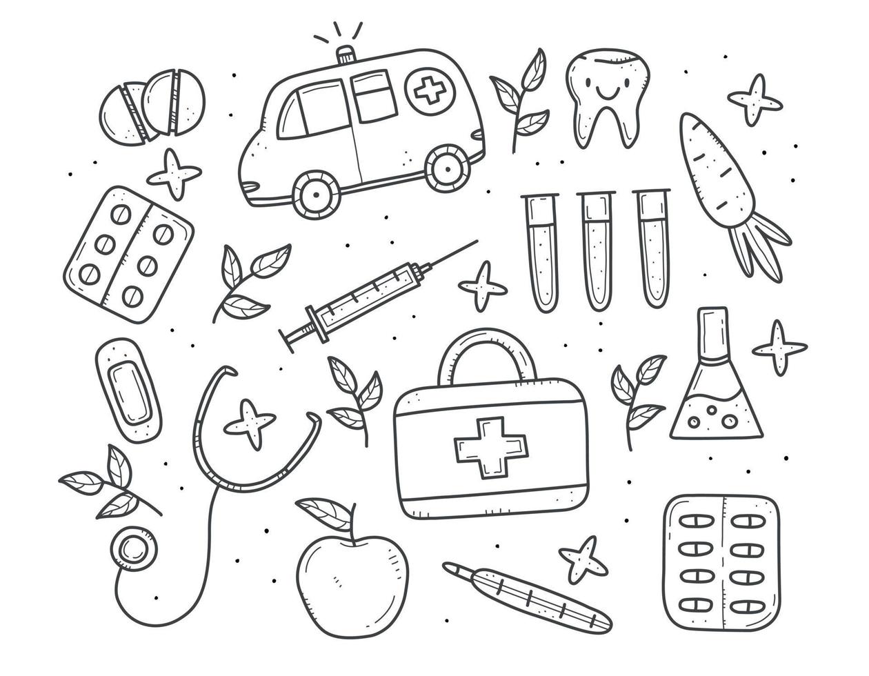 Set of black and white medical items in doodle style, thermometer, syringe, flask, pills, vitamins, ambulance. Vector doodle illustration. Objects isolated on white background.