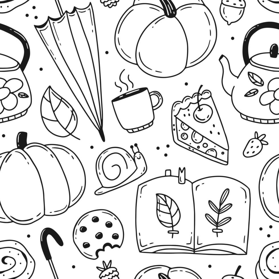 patrón sin costuras de fideos en blanco y negro con elementos otoñales. ilustración vectorial acogedor otoño. vector