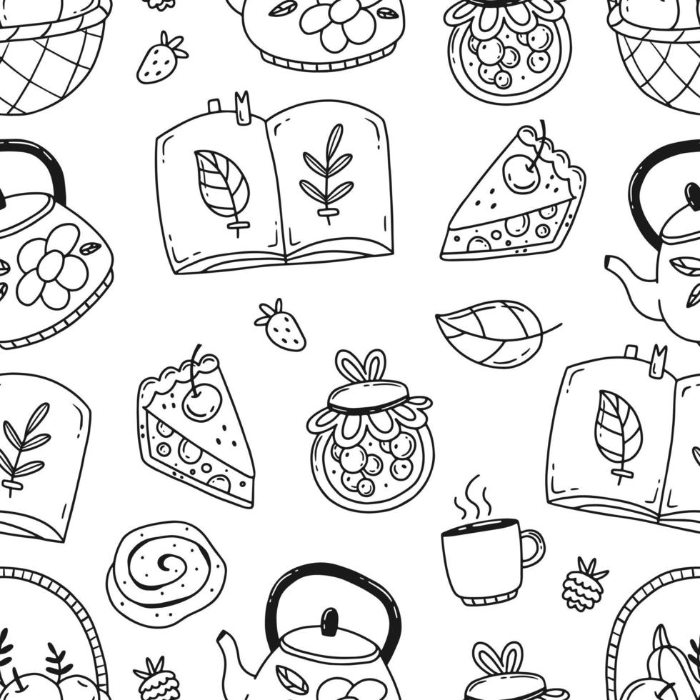 Black and white doodle seamless pattern with different autumn elements. Vector illustration. Cozy autumn.