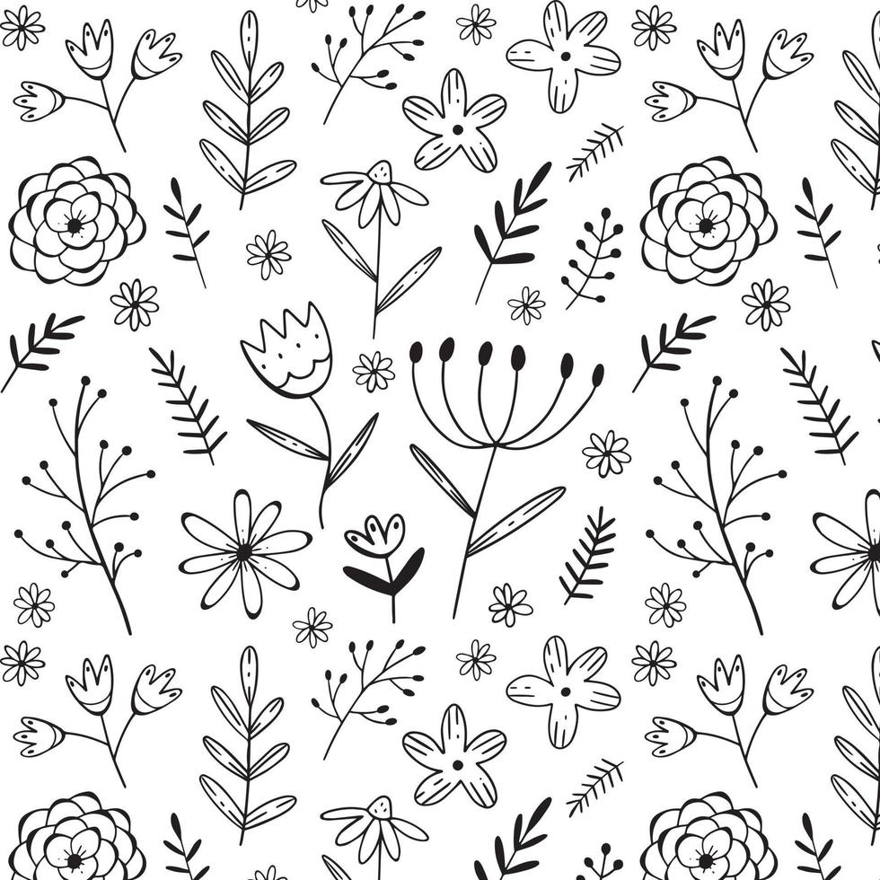 Simple black and white pattern with flowers and twigs in a doodle style. Vector illustration background for design.