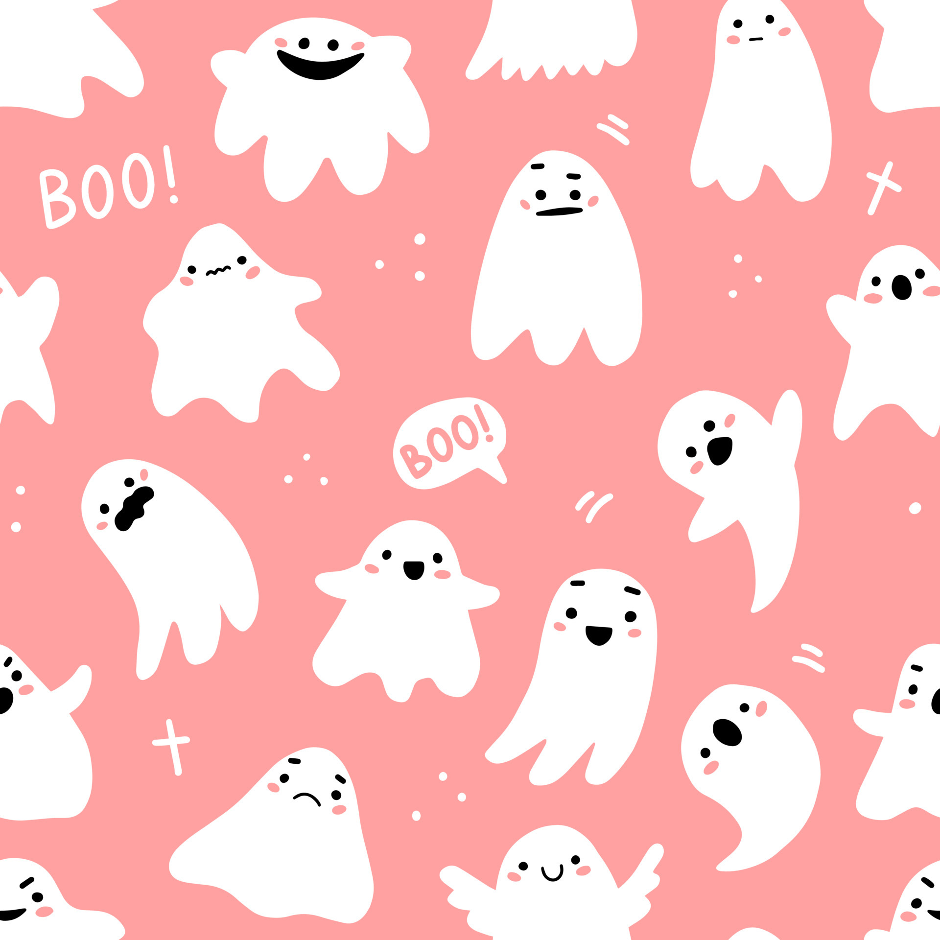 Seamless pattern with cute ghosts and lettering in cute cartoon doodle ...