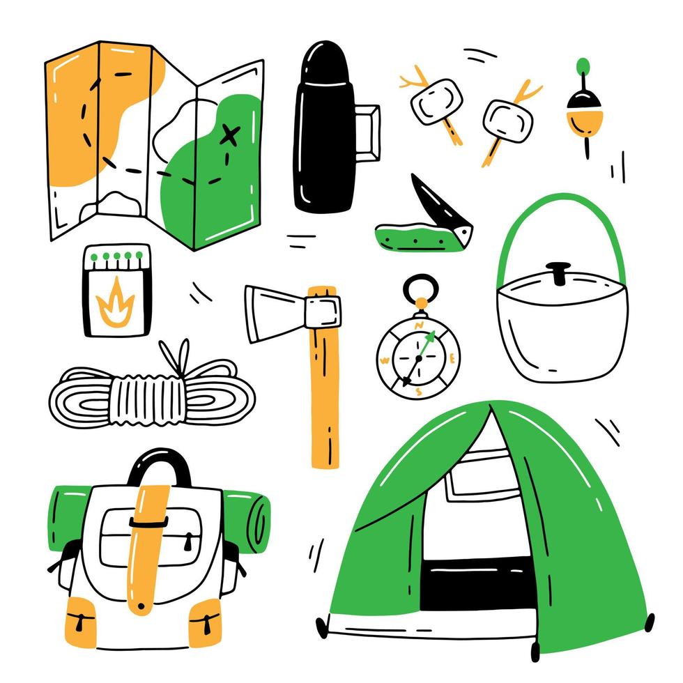 Set of multicolored hiking items in doodle style. Vector illustration with tourism and travel elements isolated on white background.