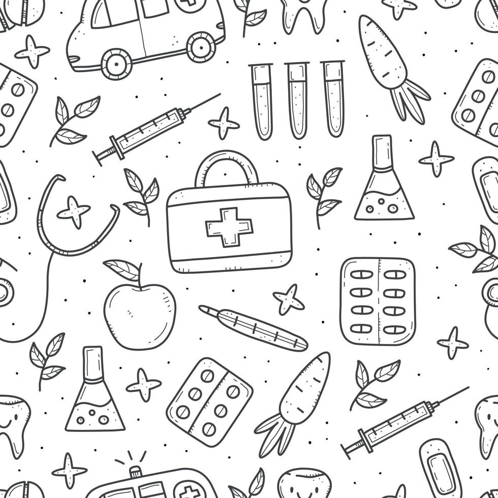 Seamless pattern of medical items in doodle style, thermometer, syringe, flask, pills, vitamins, ambulance. Vector outline doodle illustration isolated on background.