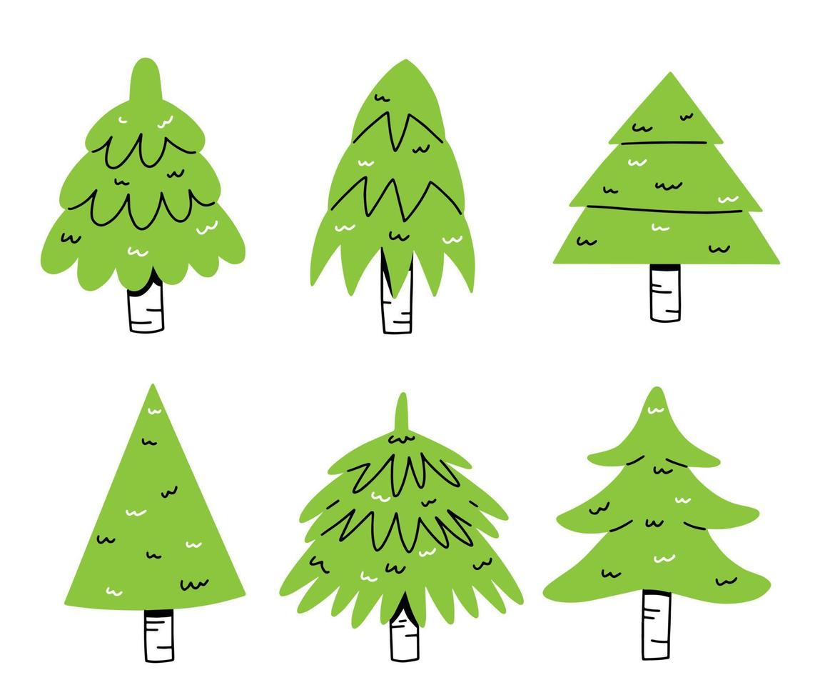 Set of cute Christmas trees in doodle style. Collection of trees. Vector New Year illustration. Merry Christmas.