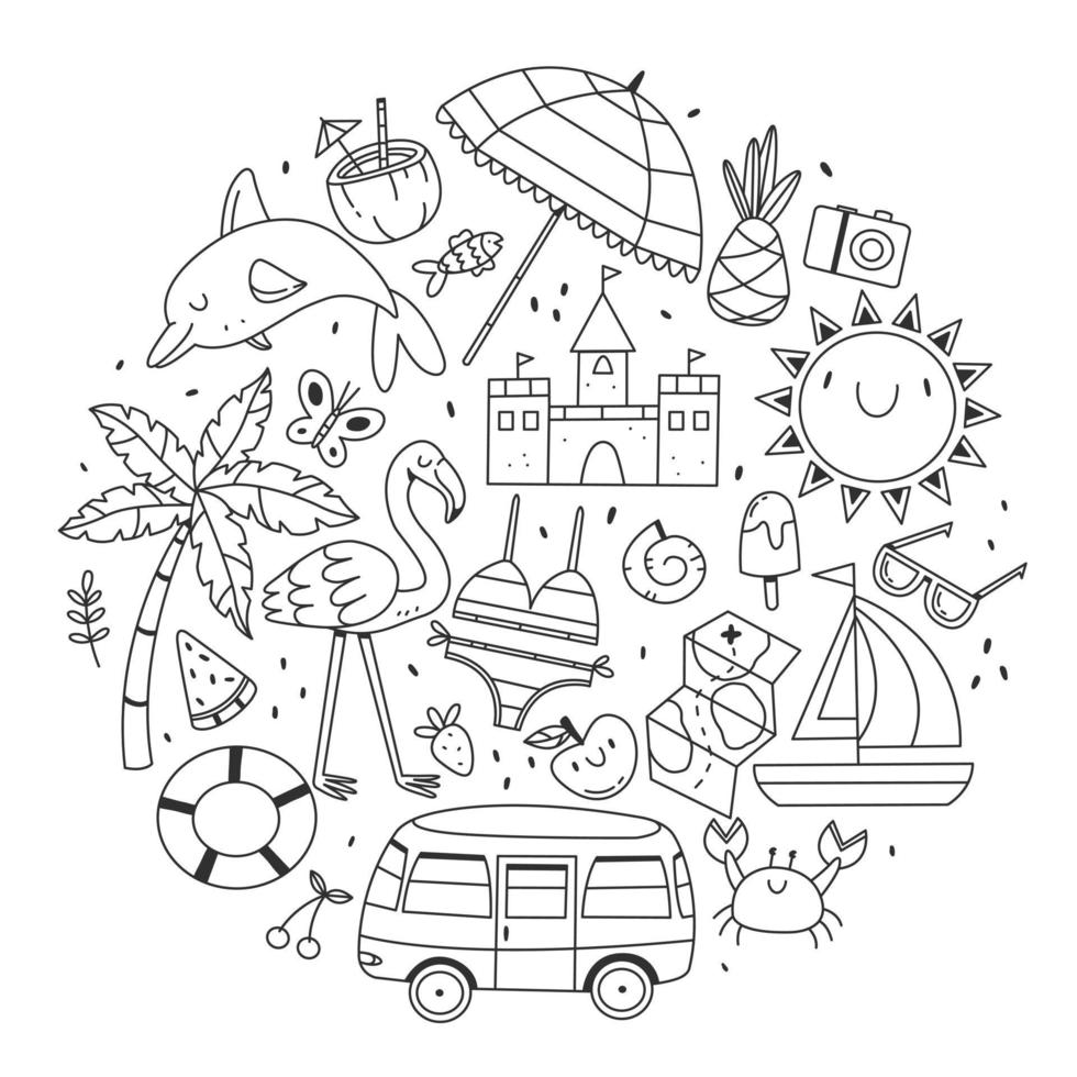 A large set of items on the theme of summer and the beach in the shape of a circle in a cute cartoon doodle style. Black and white vector illustration isolated on white background.