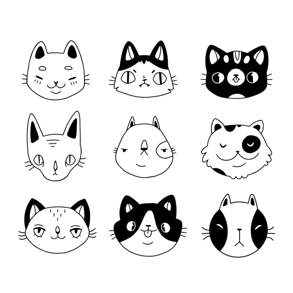 Set of cute funny cat heads in doodle style. Vector hand drawn illustration isolated on white background. Collection of cats icons.