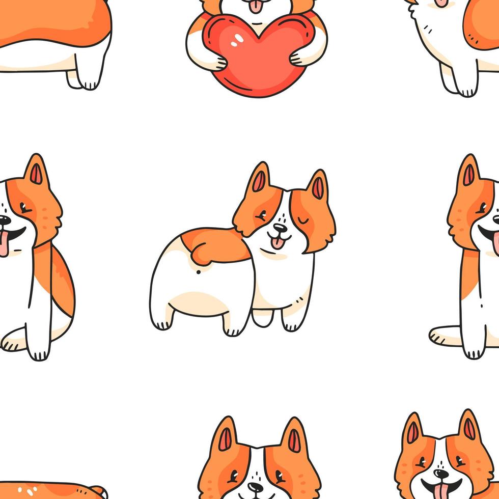 Seamless pattern with cute corgi dogs in cartoon doodle style. Vector illustration background.