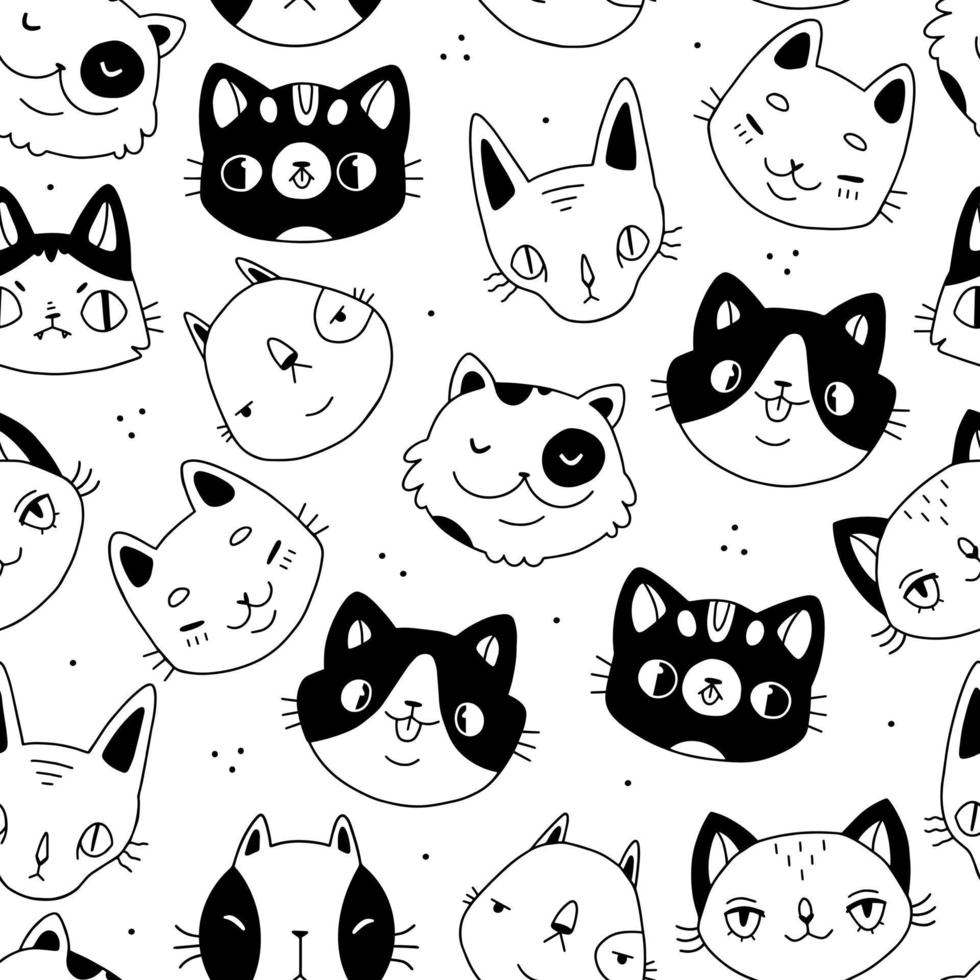 patrón lindo sin costuras con cabezas de gatos en un estilo simple de garabato en blanco y negro. Fondo de ilustración vectorial con animales divertidos. vector