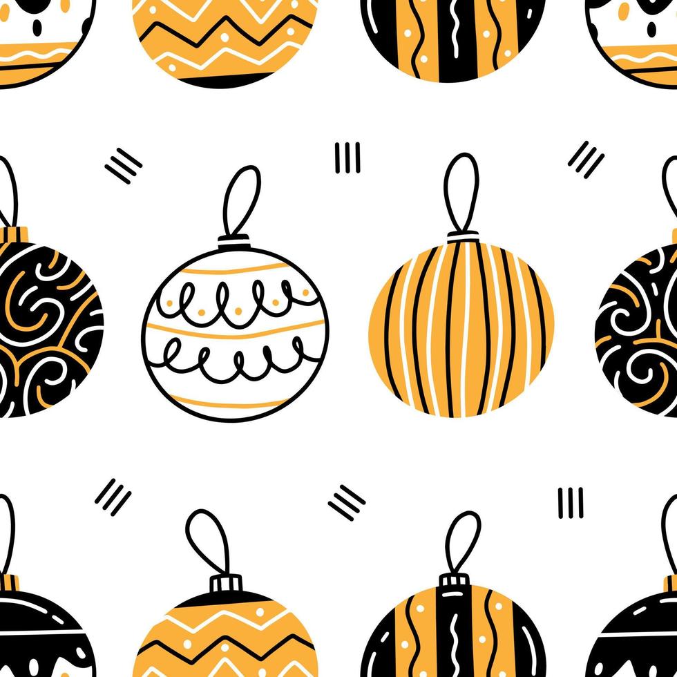 Seamless pattern with different black-white-yellow christmas balls in a cute doodle style on a white background. Vector New Year and Christmas illustration background.