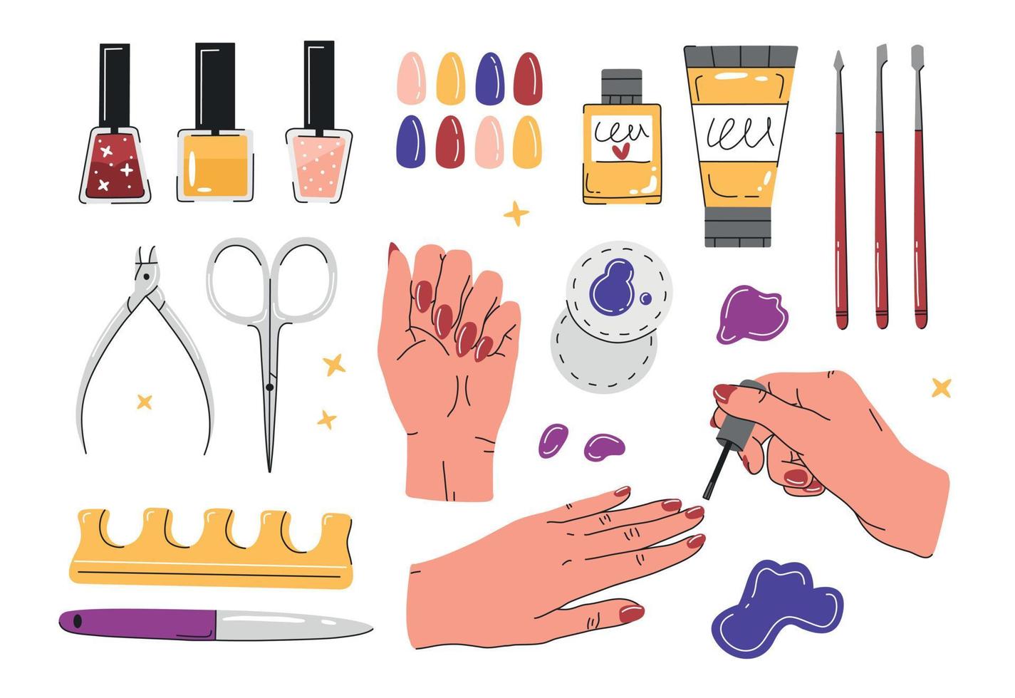 Large colored manicure set with various elements for manicure and pedicure isolated on a white background. Vector cartoon flat illustration.