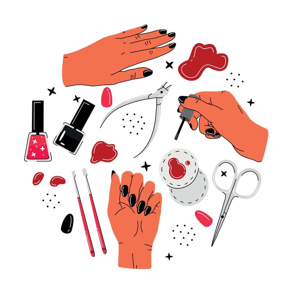 A set of different items and elements for manicure and pedicure in a cartoon style. Vector illustration isolated on background.