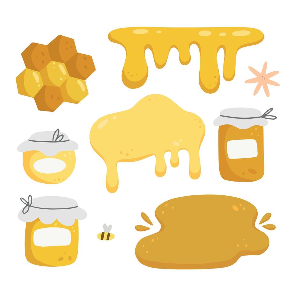 Honey set with objects in cartoon doodle style isolated on white background. Vector illustration. Honey, bee, beehive, flower.