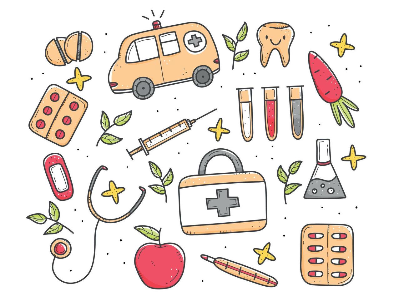 Set of multi-colored medical items in doodle style, thermometer, syringe, flask, pills, vitamins, ambulance. Vector doodle illustration. Objects isolated on white background.