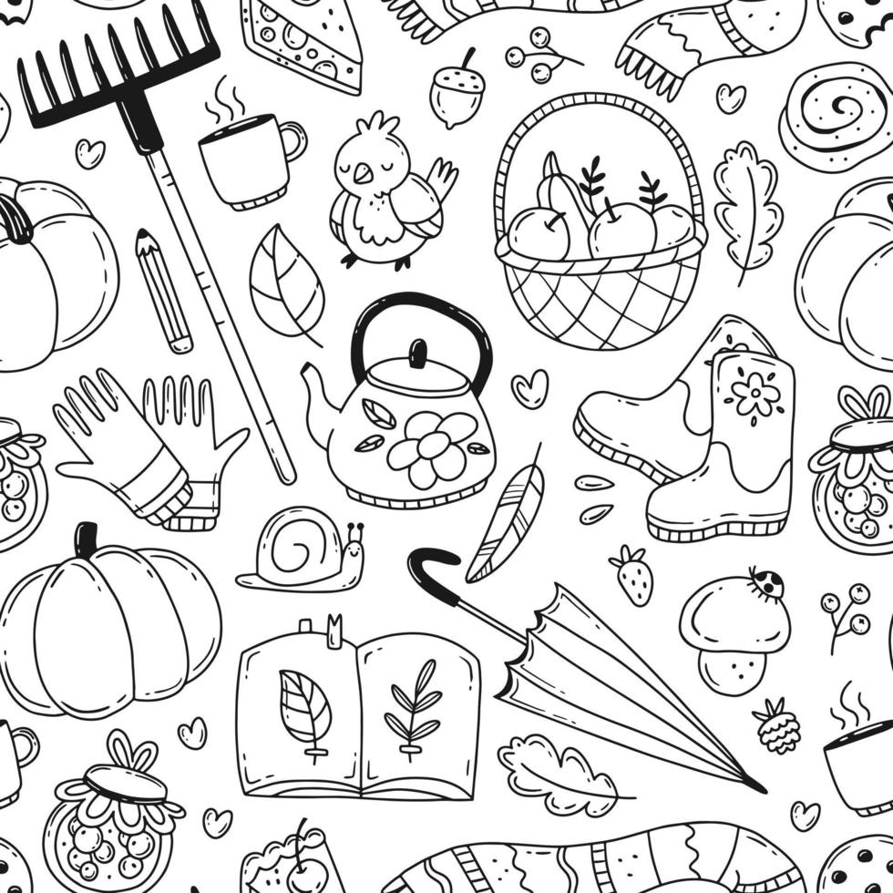 Black and white doodle seamless pattern with autumn elements. Vector illustration.