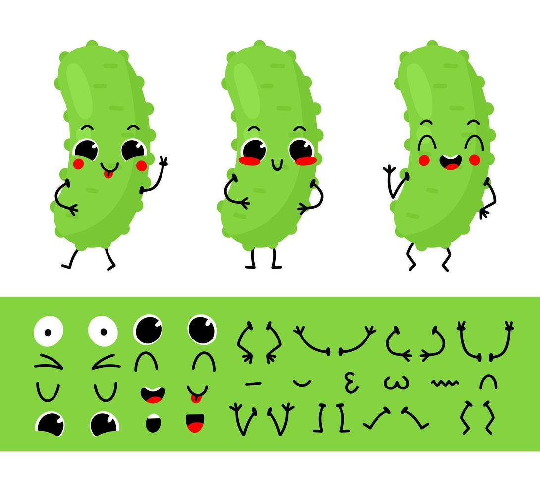 Cucumber. Set for creating funny cartoon character cucumber. Character constructor vector illustration.