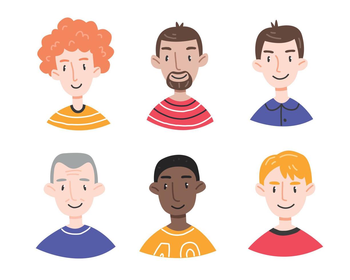 A set of portraits of different men in a cute cartoon style on a white background. Collection of avatars of people. Male faces. Vector illustration.