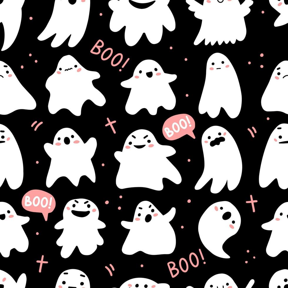 Seamless pattern with cute ghosts and lettering in cute cartoon doodle style on a black background. Vector illustration background for halloween.