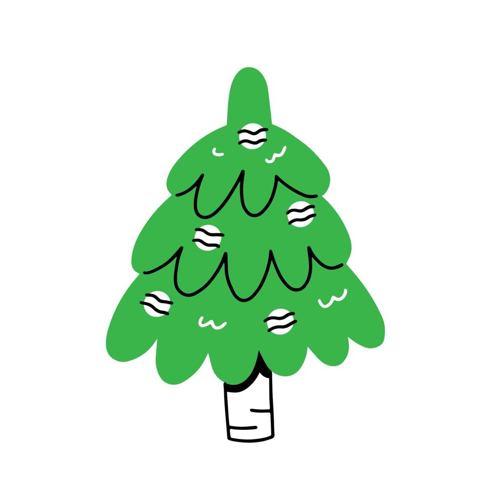 Christmas tree in simple linear cartoon doodle style. Vector happy new year and merry christmas illustration.