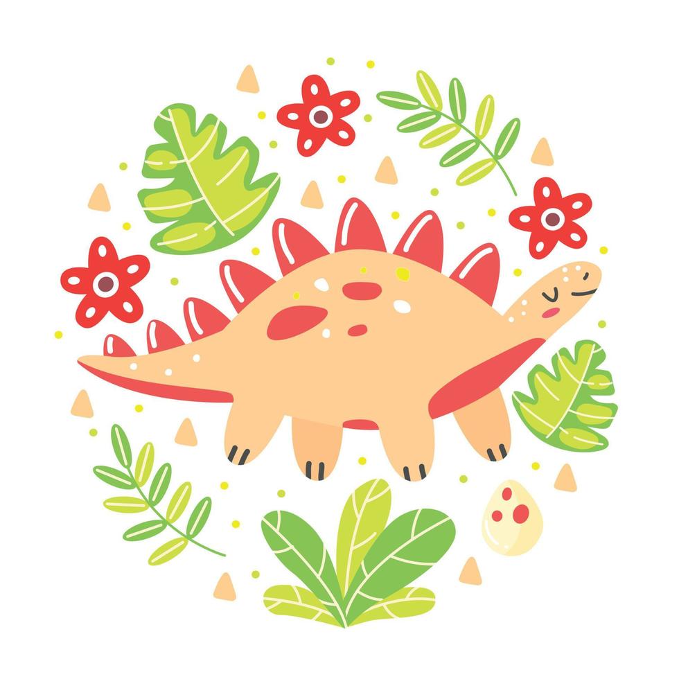 Set with dinosaur stegosaurus with leaves in cartoon style. Dinosaur, leaves, flowers in circle shape. Vector illustration isolated on white background.