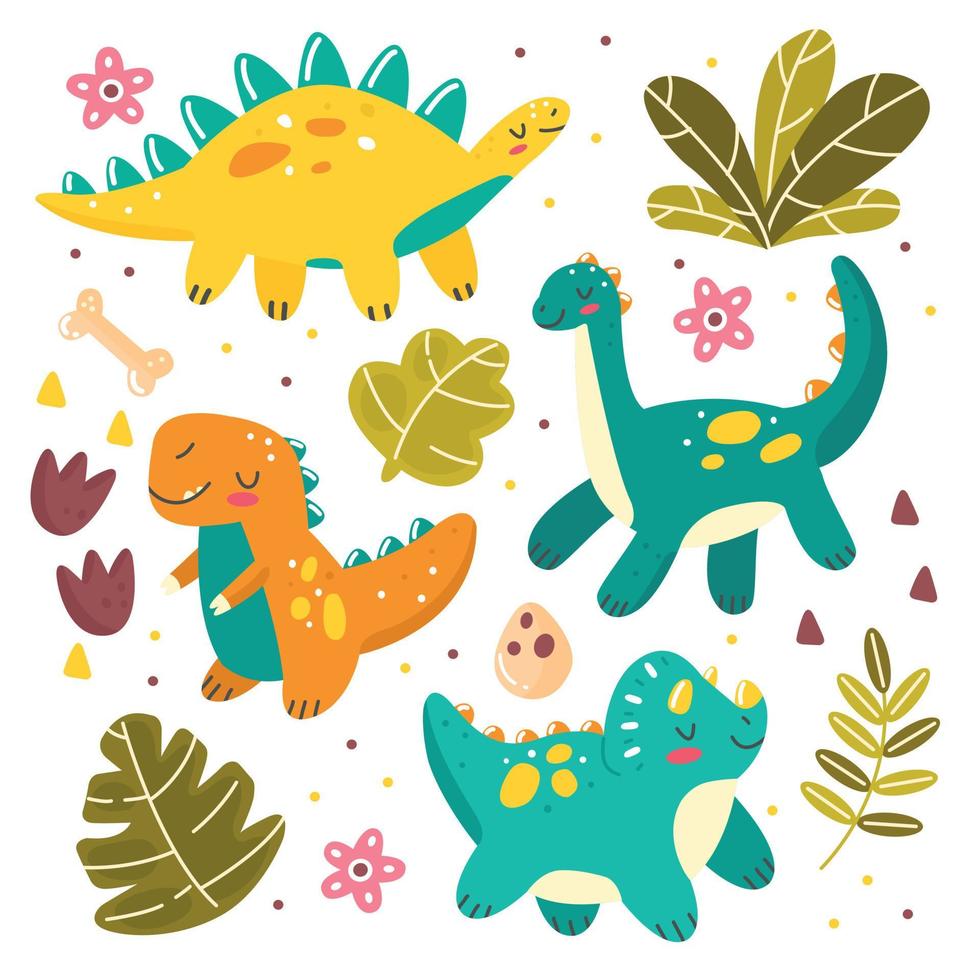 Set with cute dinosaurs, leaves in cartoon style. Vector childrens illustration isolated on background.