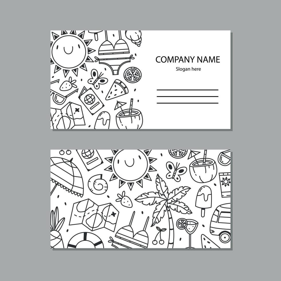 Black and white business card with summer elements, sun, watermelon, coconut, swimsuit, palm tree, shells, umbrella, doodle style ice cream. Vector illustration. Ready-made design for a business card.