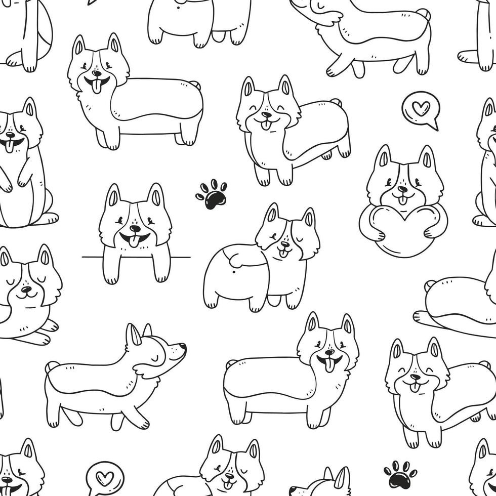 Seamless black-white background with cute corgi dogs, paws and hearts in cartoon doodle style. Vector illustration background.