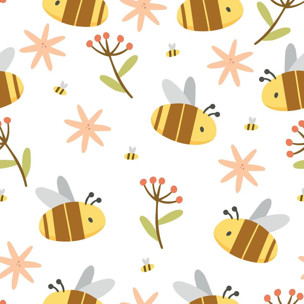 patrón sin costuras de miel con abejas y flores en un lindo estilo de dibujos animados. ilustración vectorial sin fisuras con abejas y flores sobre un fondo blanco. vector