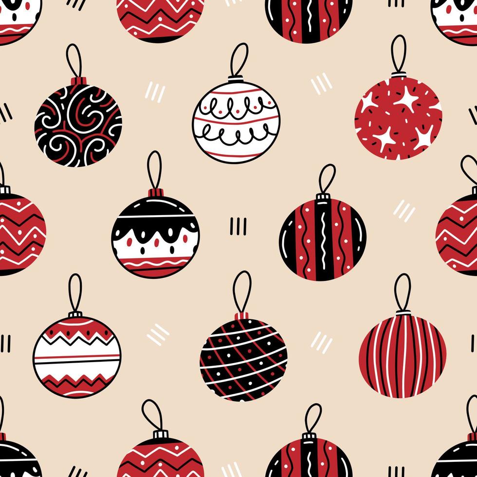 Seamless pattern with different black-white-red christmas balls in cute doodle style on a pink background. Vector New Year and Christmas illustration background.