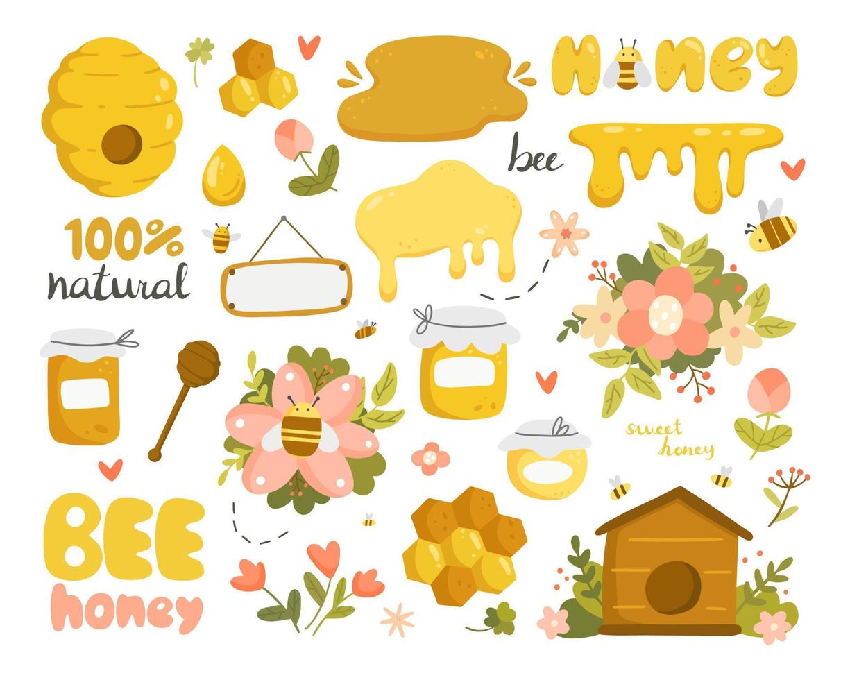 Big honey set with objects in cartoon doodle style isolated on white background. Vector illustration. Honey, bee, beehive, flowers.