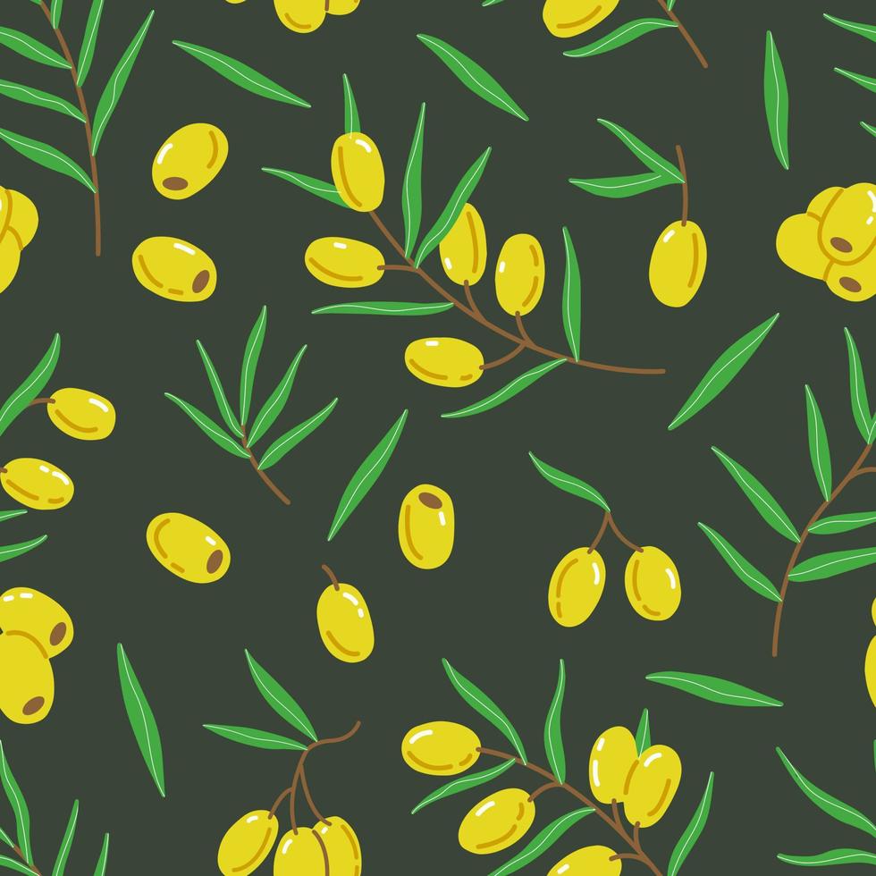 Seamless pattern with olives, twigs and leaves in a simple cute cartoon flat style. Vector illustration background.