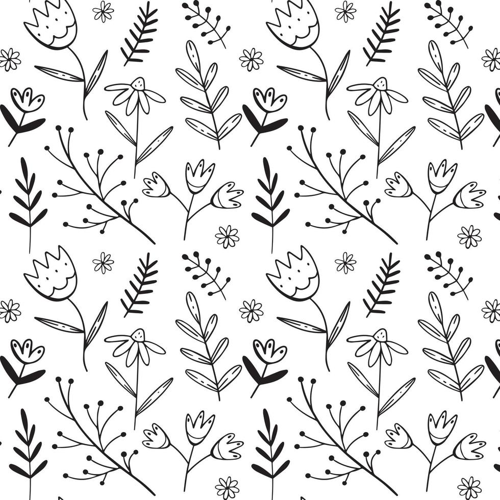 Simple black and white pattern with flowers and twigs and leaf in a doodle style. Vector illustration background for design.