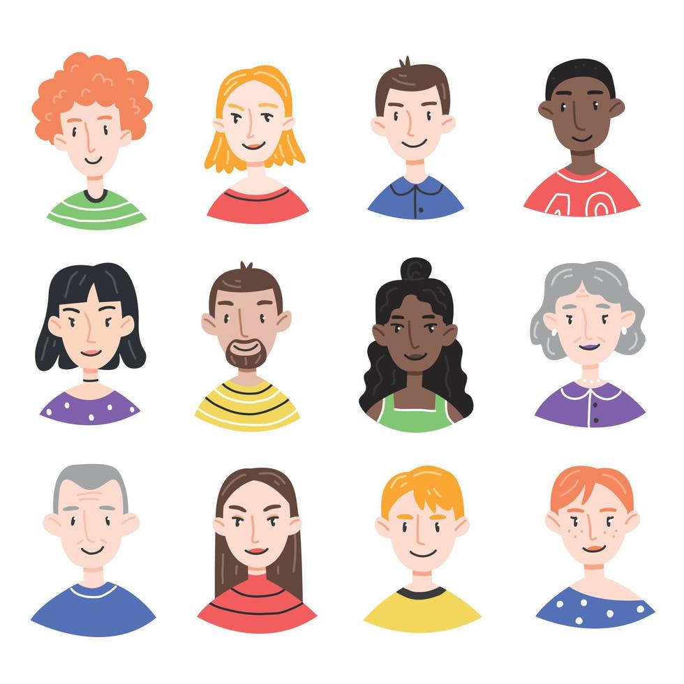 Set with portraits of different people in a cute cartoon style isolated on white background. Collection of people avatars. Female and male faces. Vector illustration.