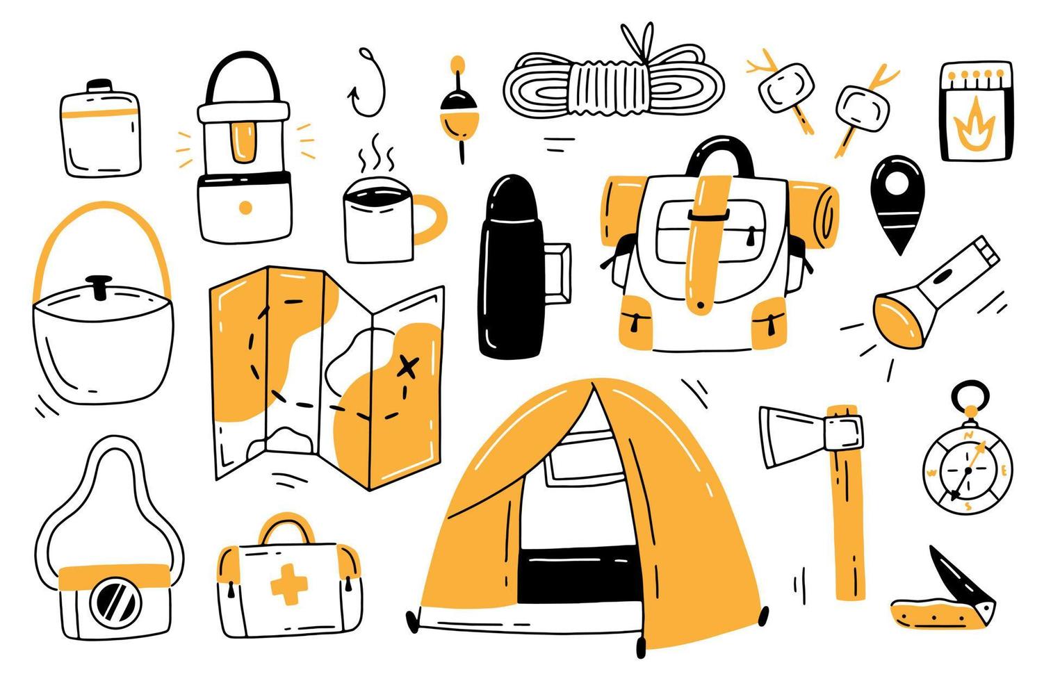 A set of items for hiking in doodle style. Vector illustration with tourism elements isolated on a white background.