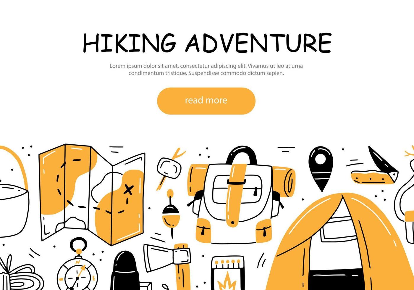 A ready-made banner for a website on the topic of tourism, hiking, travel. Vector illustration template background with items for tourism.