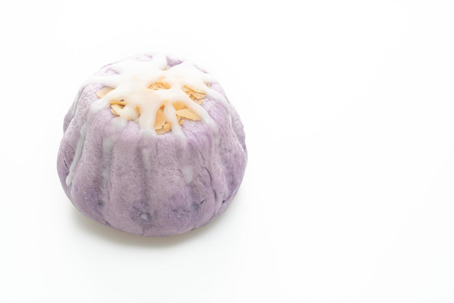 taro bun with white sugar cream and nut on white background photo