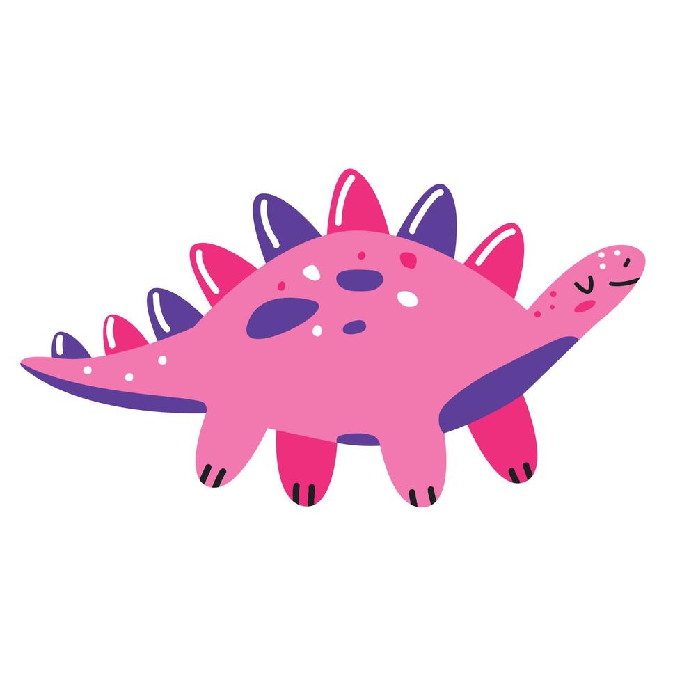 Cute pink dinosaur stegosaurus in cartoon style. Vector illustration isolated on white background.