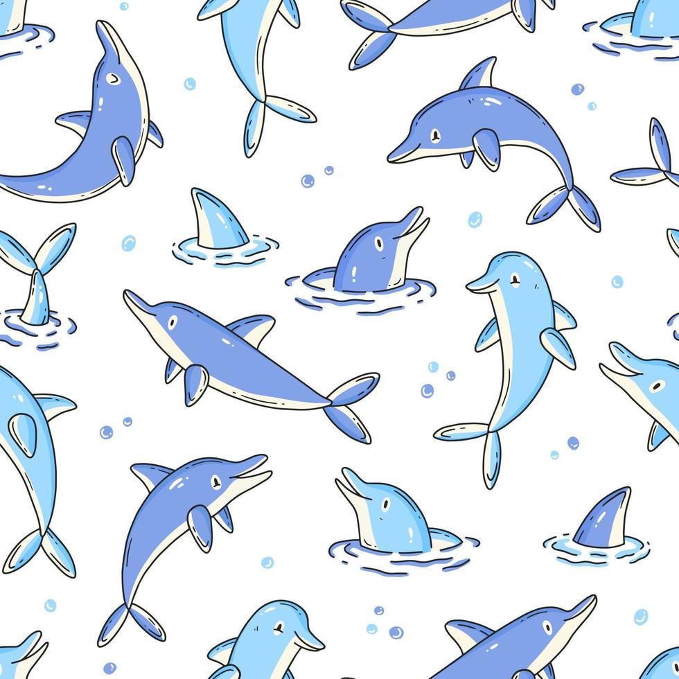 patrón impecable con lindos delfines y burbujas en estilo de garabato de dibujos animados. fondo de ilustración vectorial. vector