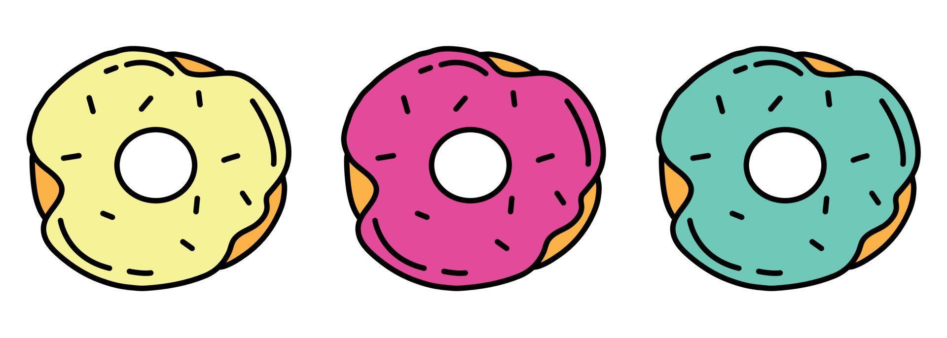 mini juego de tres donuts multicolores aislado sobre fondo blanco. ilustración de fideos de dibujos animados vectoriales. elementos para el diseño. donut rosa, azul y amarillo. vector