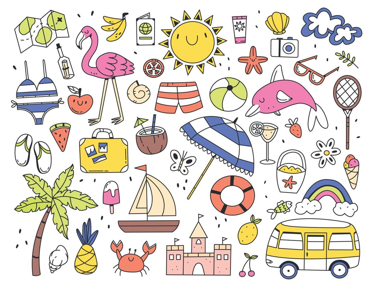 Large set of color different summer items doodle style isolated on white background. Vector doodle illustration.