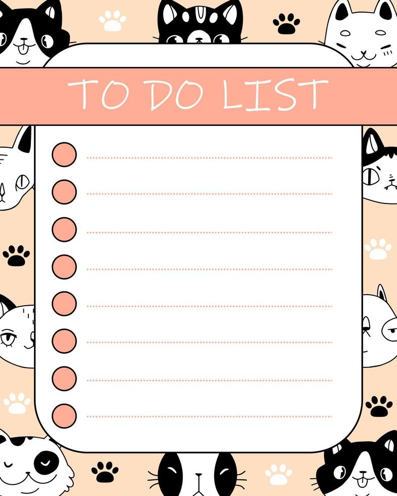 Cute to do list with cats and paws in cartoon doodle style. Pink ...