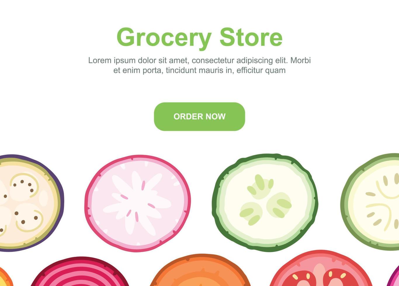 Ready-made banner with slices of vegetables for the website of a grocery store or delivery. Vector cartoon illustration for design.