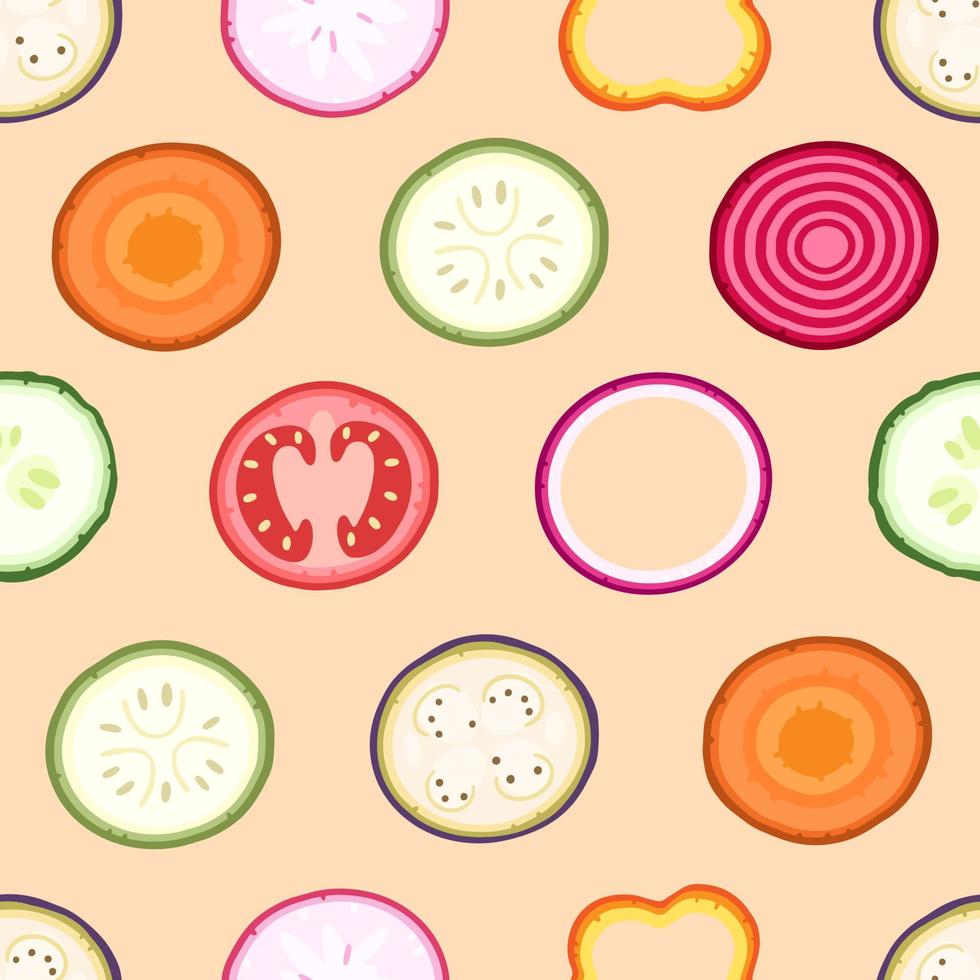 Slices of vegetables on a pink background seamless pattern on. Vector illustration background.